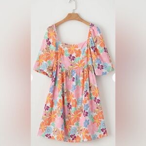 Retro Floral Babydoll Mini Dress Pink Orange Cottagecore Puff Sleeve Spring